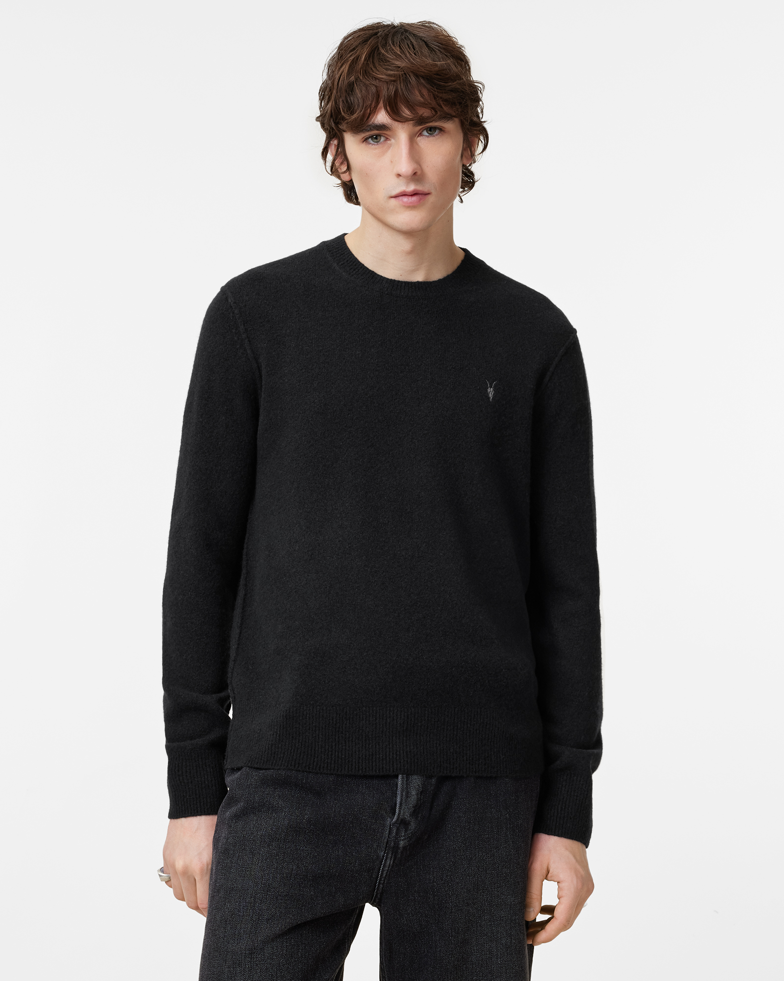 Shops All Saints Kurgan Crewneck Cable Knit Leather Sweater