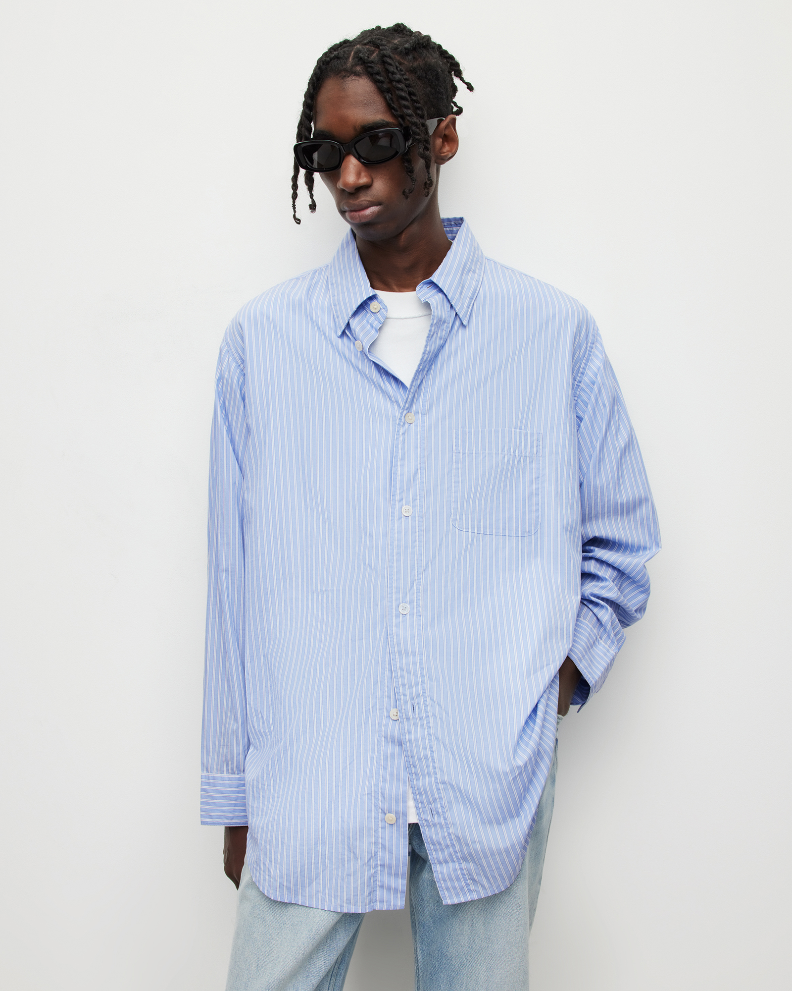 Veneto Oversized Pinstripe Shirt Light Blue | ALLSAINTS US