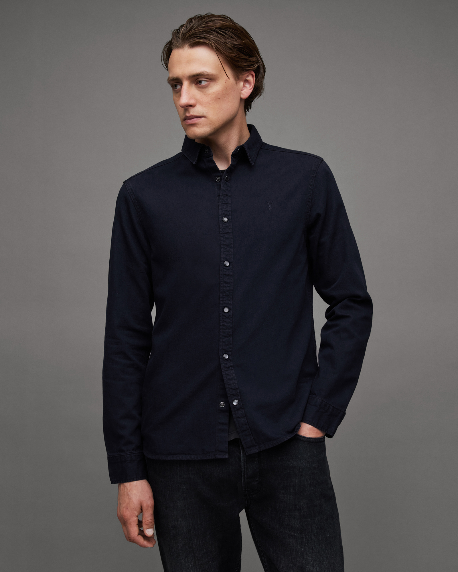 Allsaints Gleason Press Stud Ramskull Denim Shirt In Blue Black