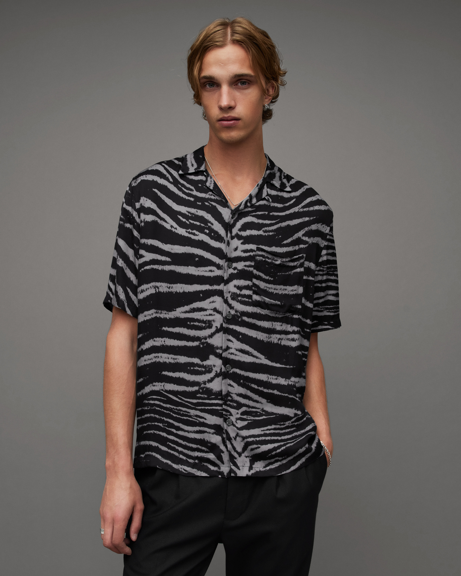 AllSaints Men's Cubs Tiger Print Relaxed Fit Shirt, Jet Black, Size: XXL