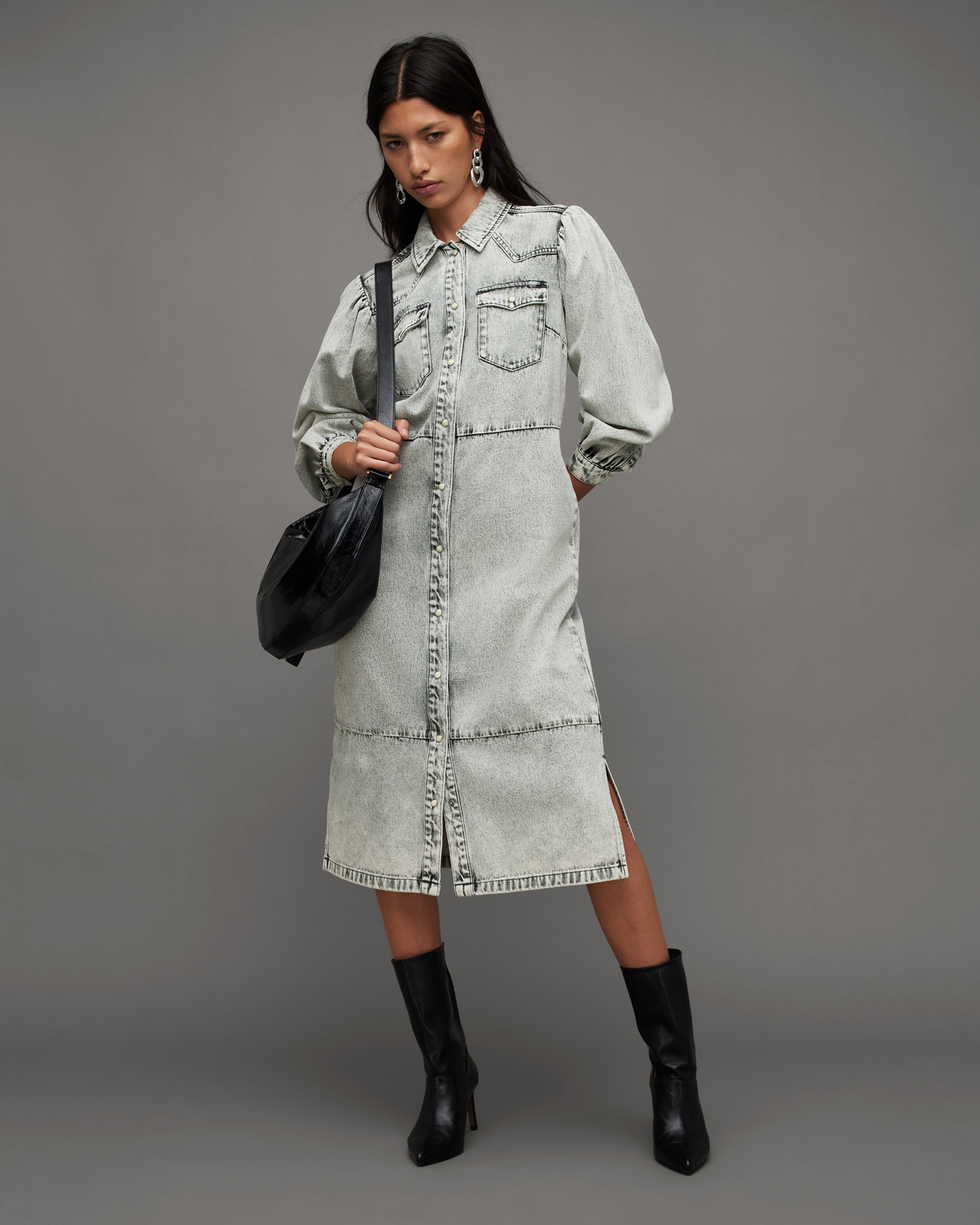 Ava Washed Denim Midi Shirt Dress SNOW GREY | ALLSAINTS US