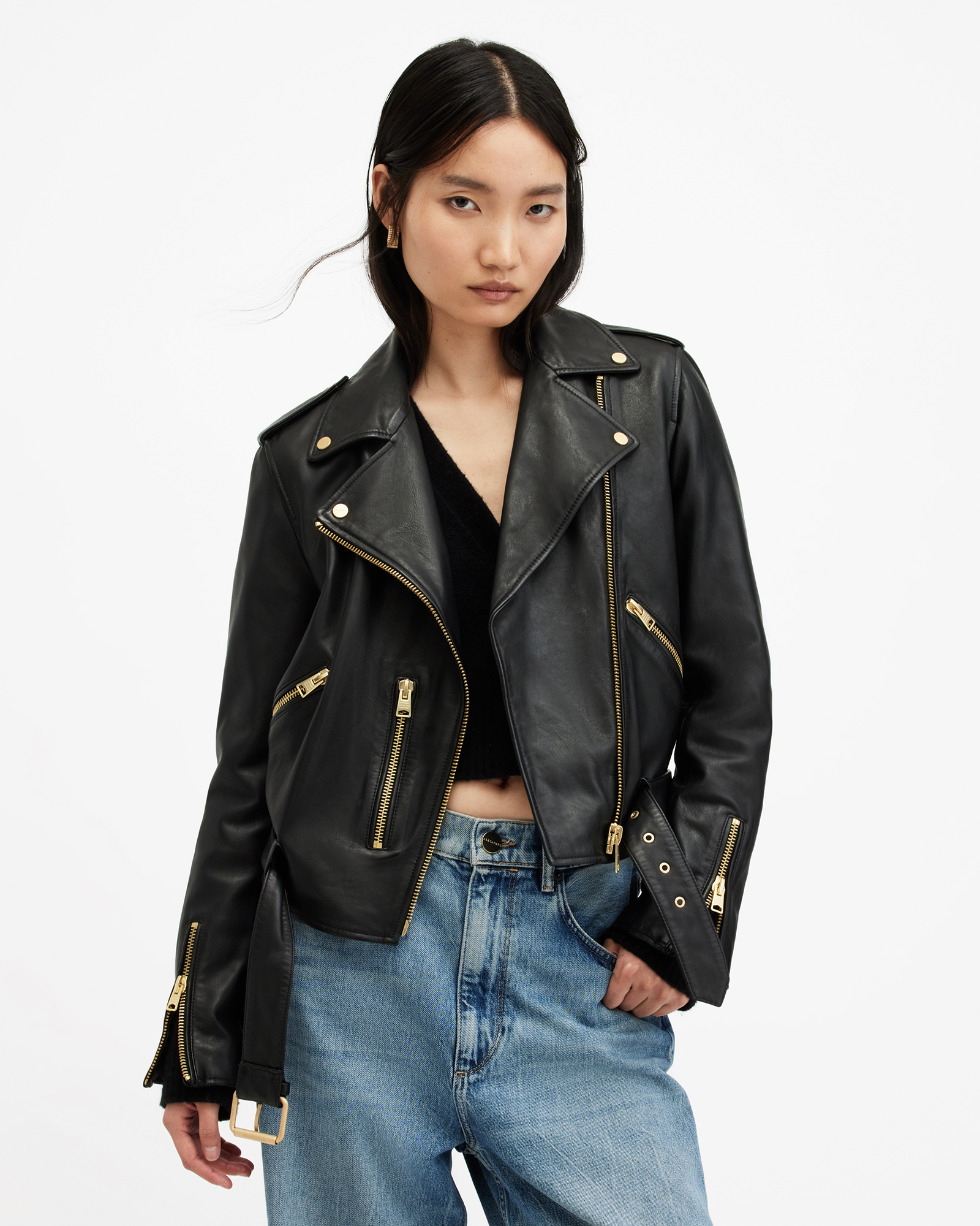 Balfern Belted Hem Leather Biker Jacket BLACK/GOLD | ALLSAINTS US