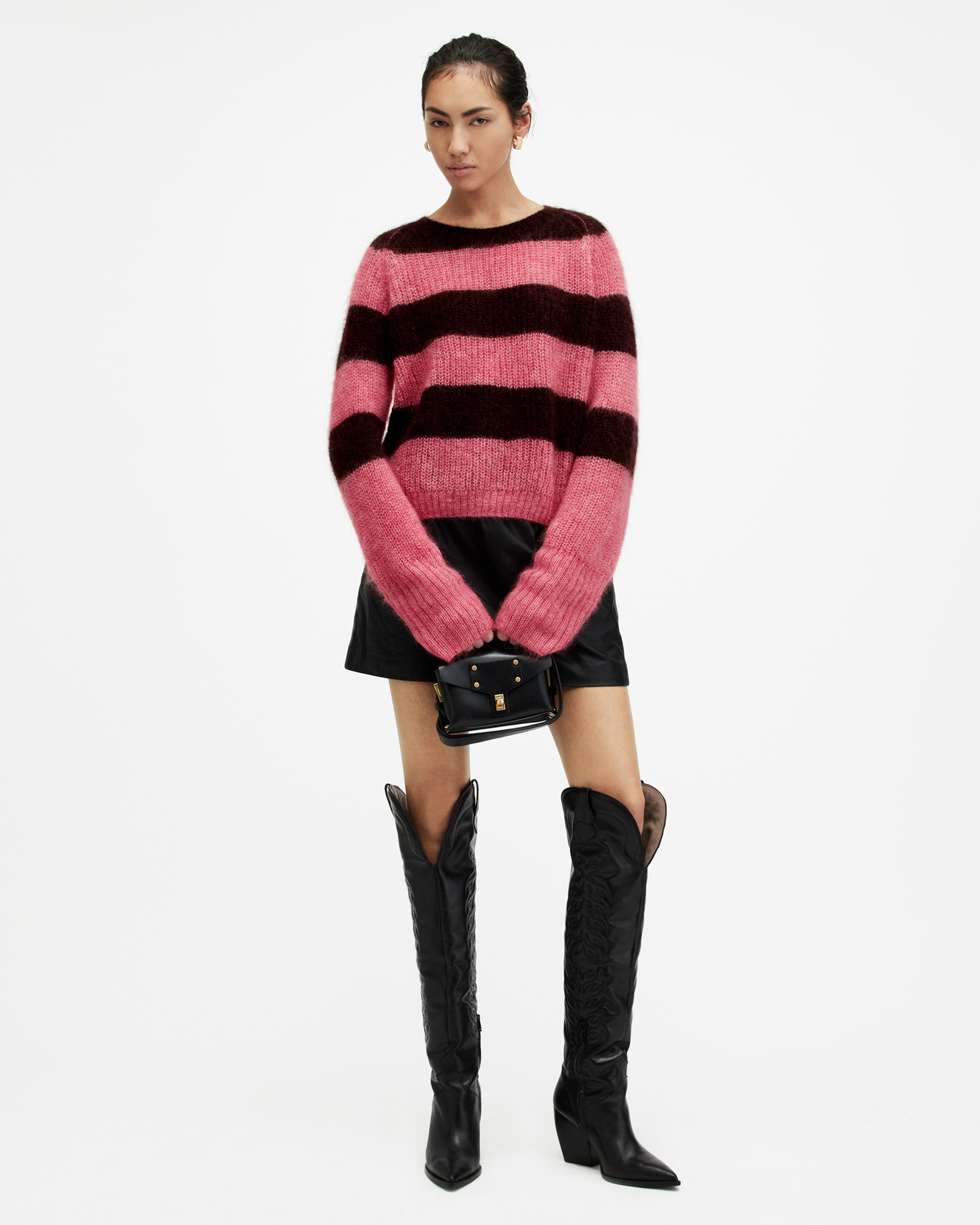 AllSaints Maddie Foldover offers Striped Wool Blend Sweater M/L Knitted Pullover NWT