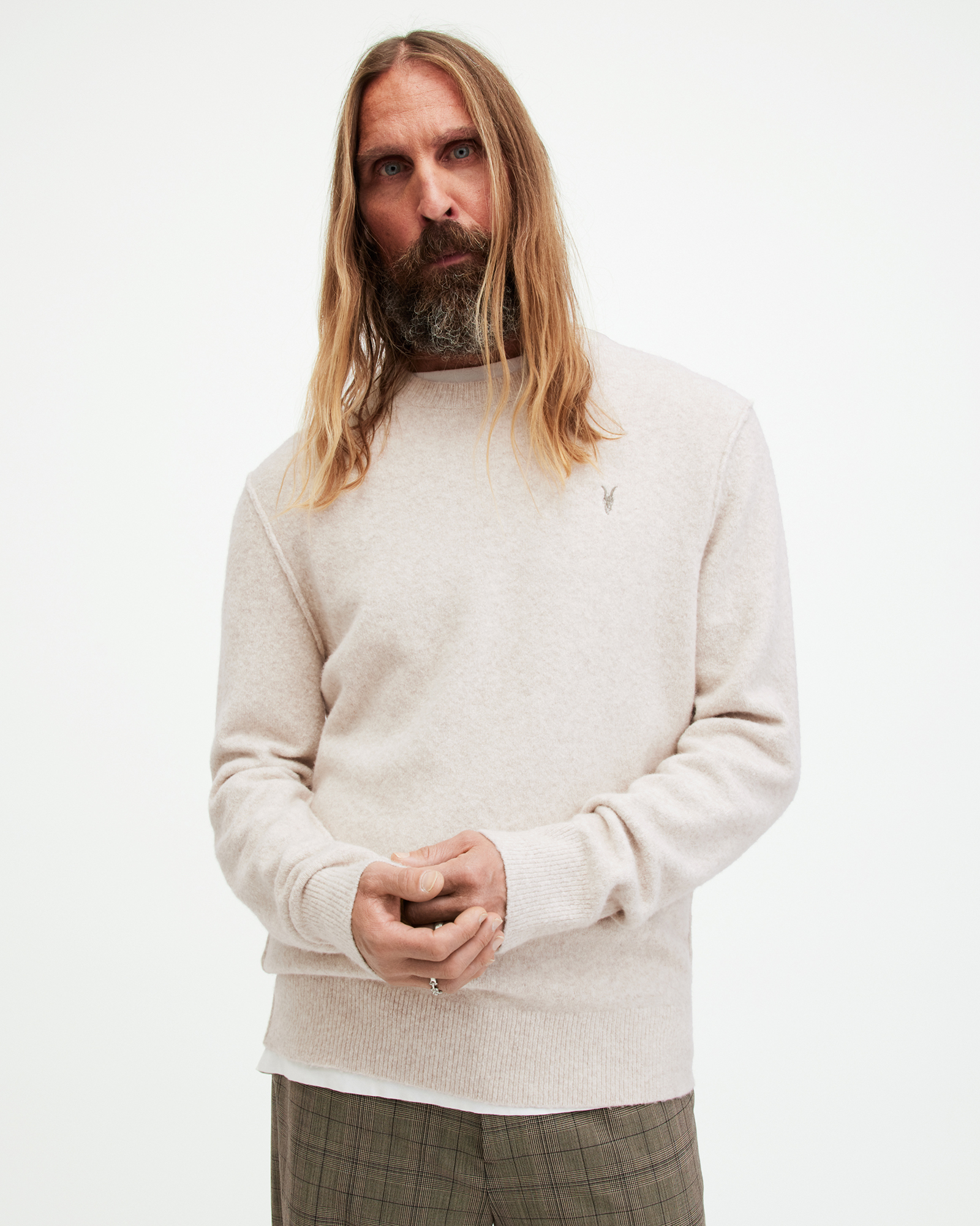 Allsaints Statten Ramskull Crew Neck Jumper In Oatmeal White