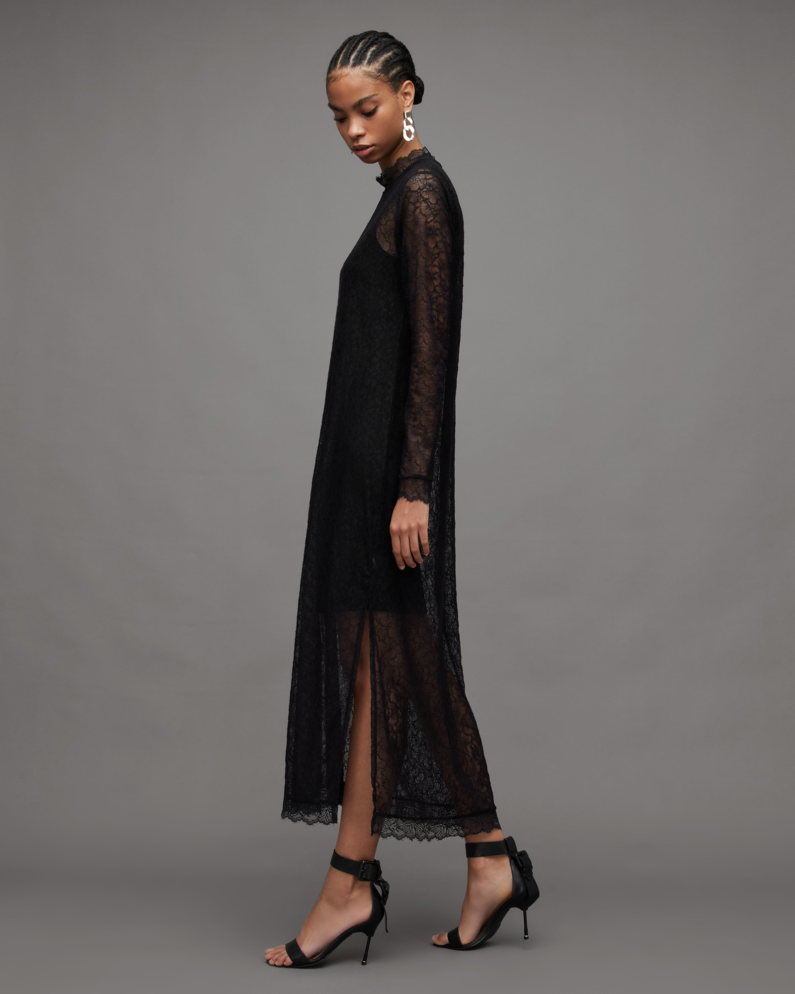 Katlyn Funnel Neck Lace Maxi Dress Black ALLSAINTS US 