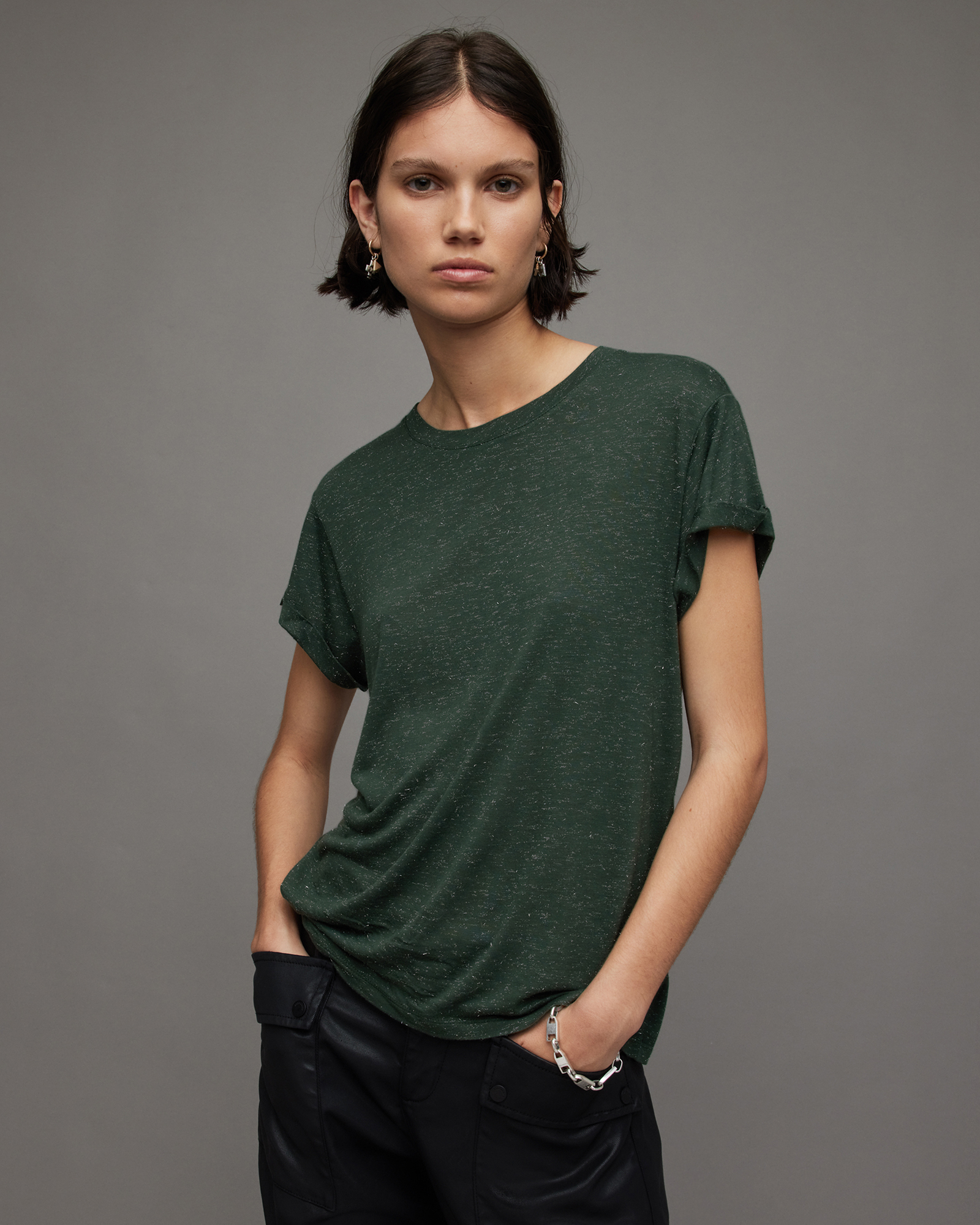 Anna Shimmer Crew Neck T-Shirt SYCAMORE GREEN | ALLSAINTS US