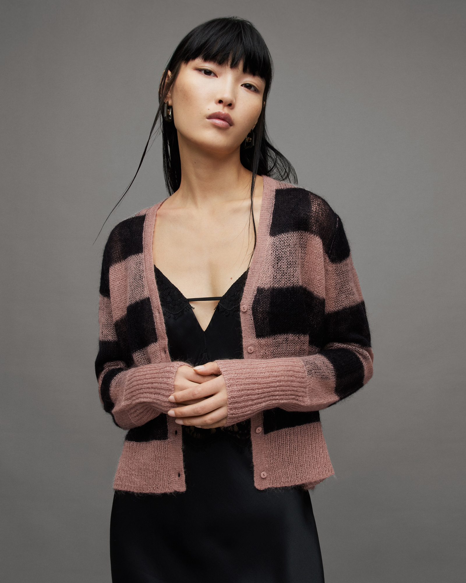 Renee Checked V-Neck Relaxed Cardigan PUTTY PINK/BLACK | ALLSAINTS US