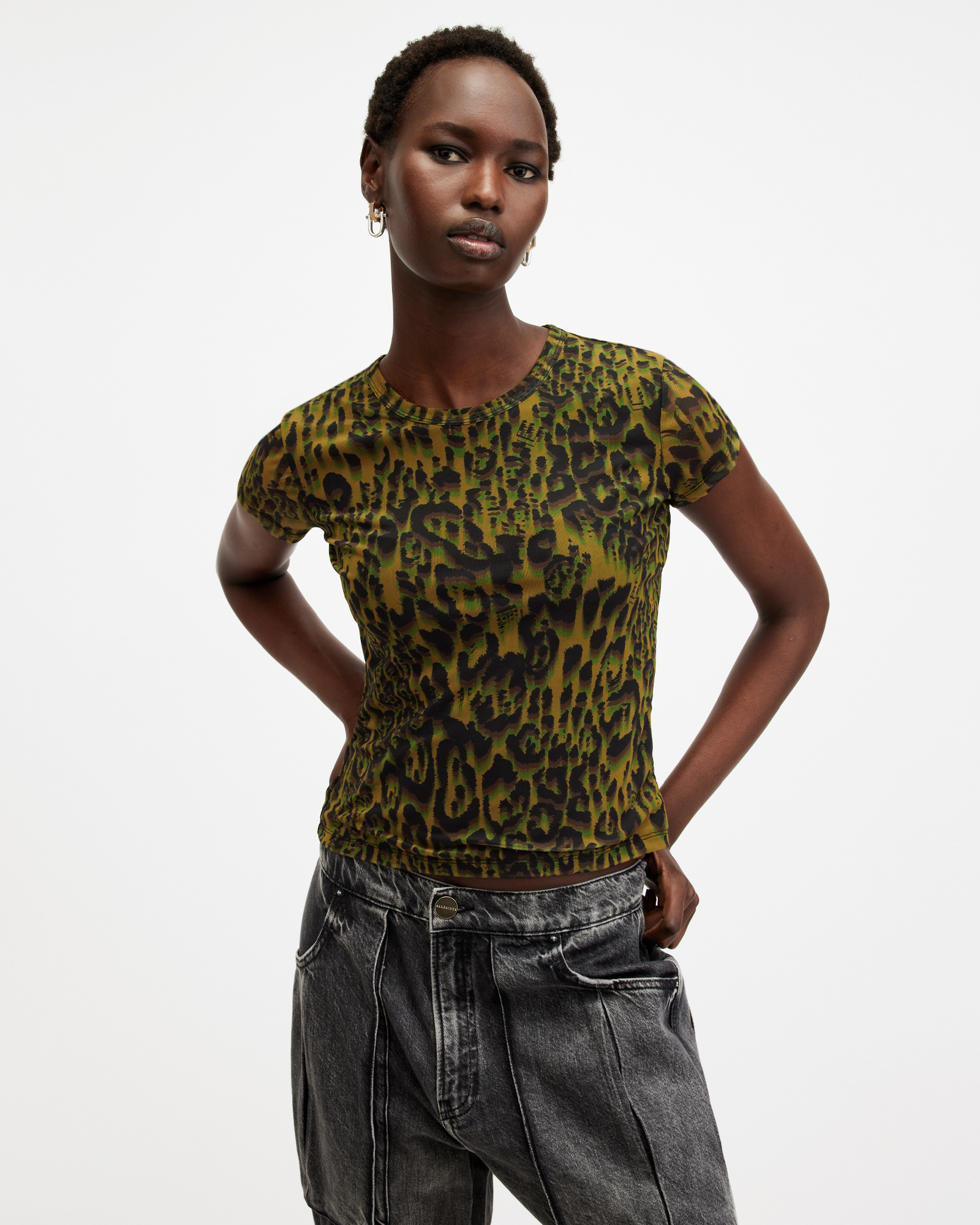 Ellie Mesh Animal Print T-Shirt TERESA KHAKI GREEN | ALLSAINTS US