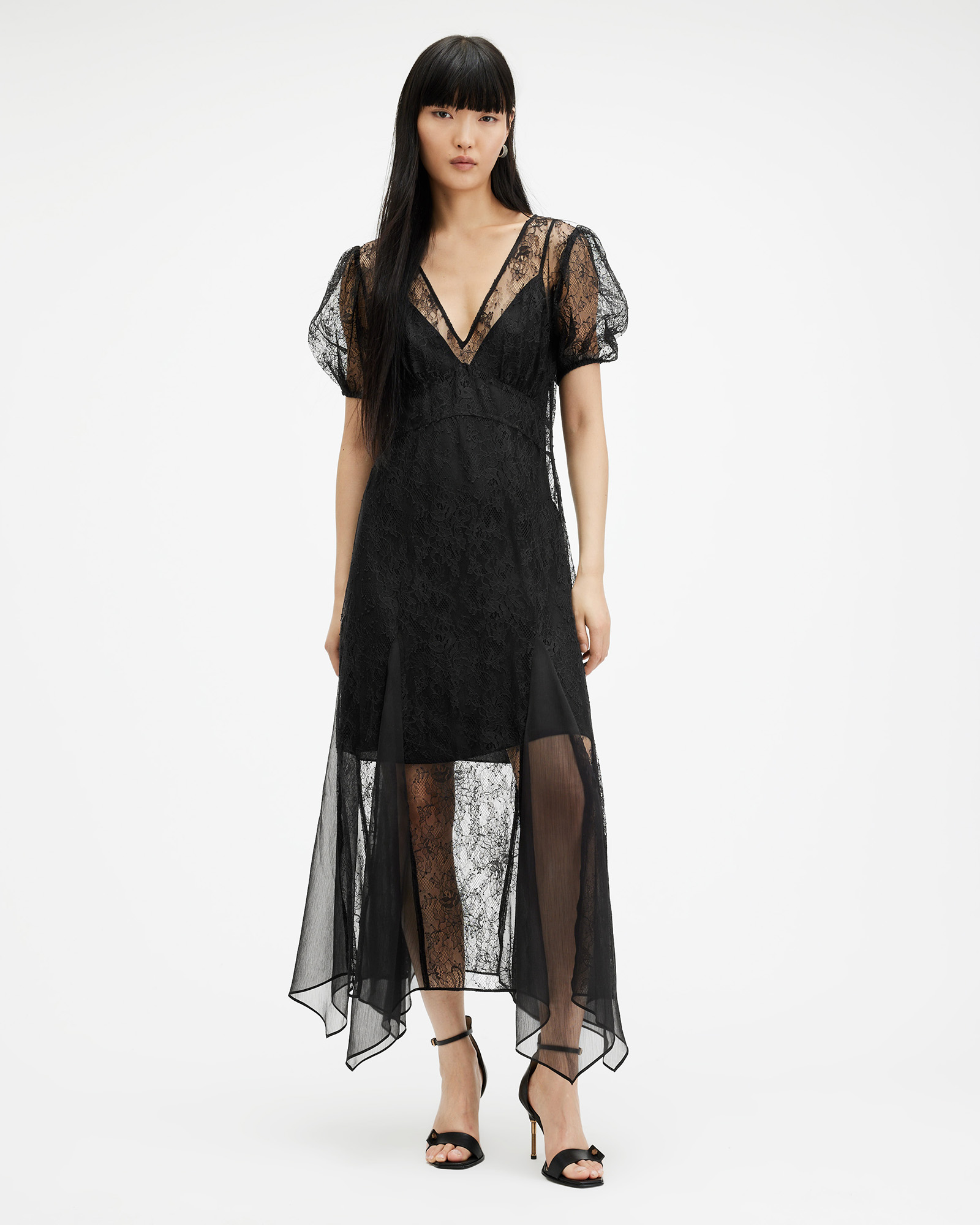 AllSaints Camila Lace Maxi Dress in Black