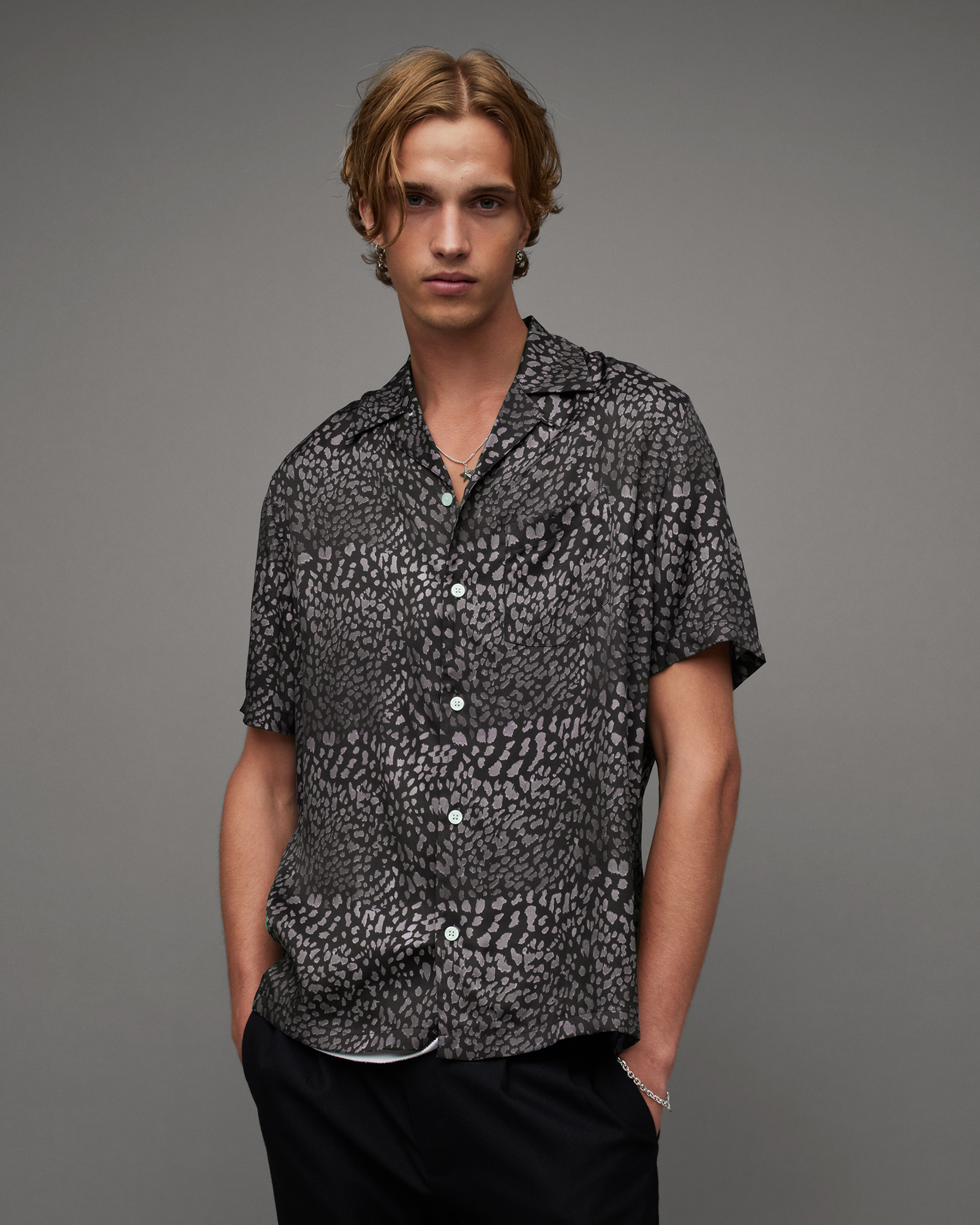 Cosmo Leopard Print Relaxed Shirt Jet ALLSAINTS | Black US Fit