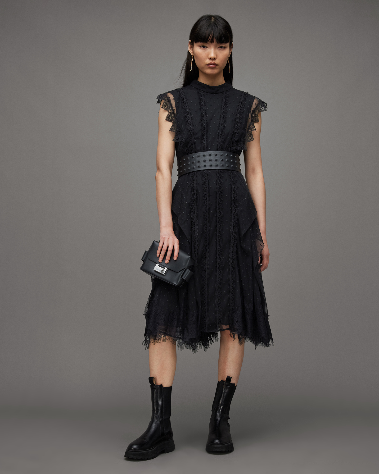 Freya Lace Asymmetric Hem Midi Dress Black | ALLSAINTS US