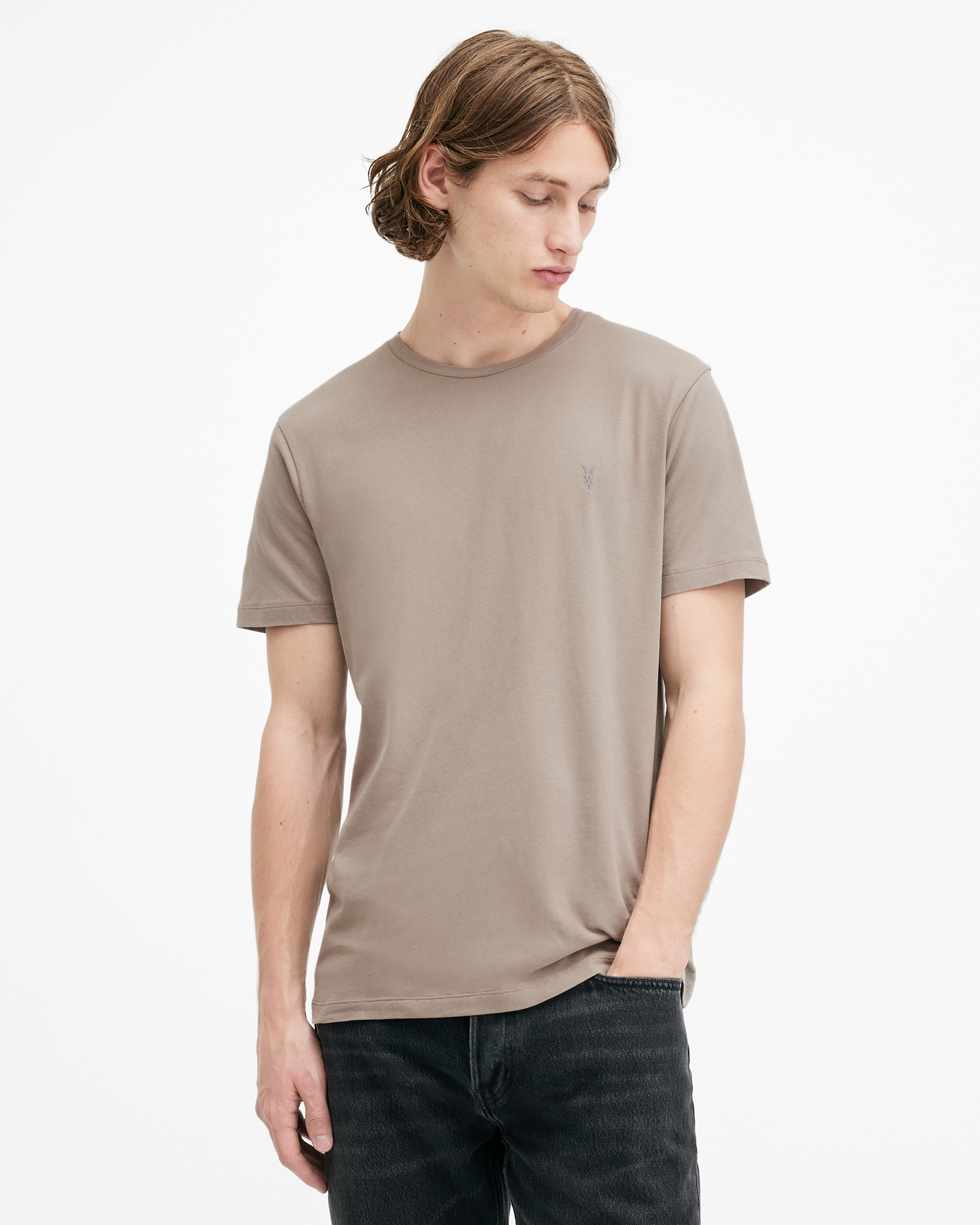 Allsaints Brace Brushed Cotton Crew Neck T-shirt In Brown