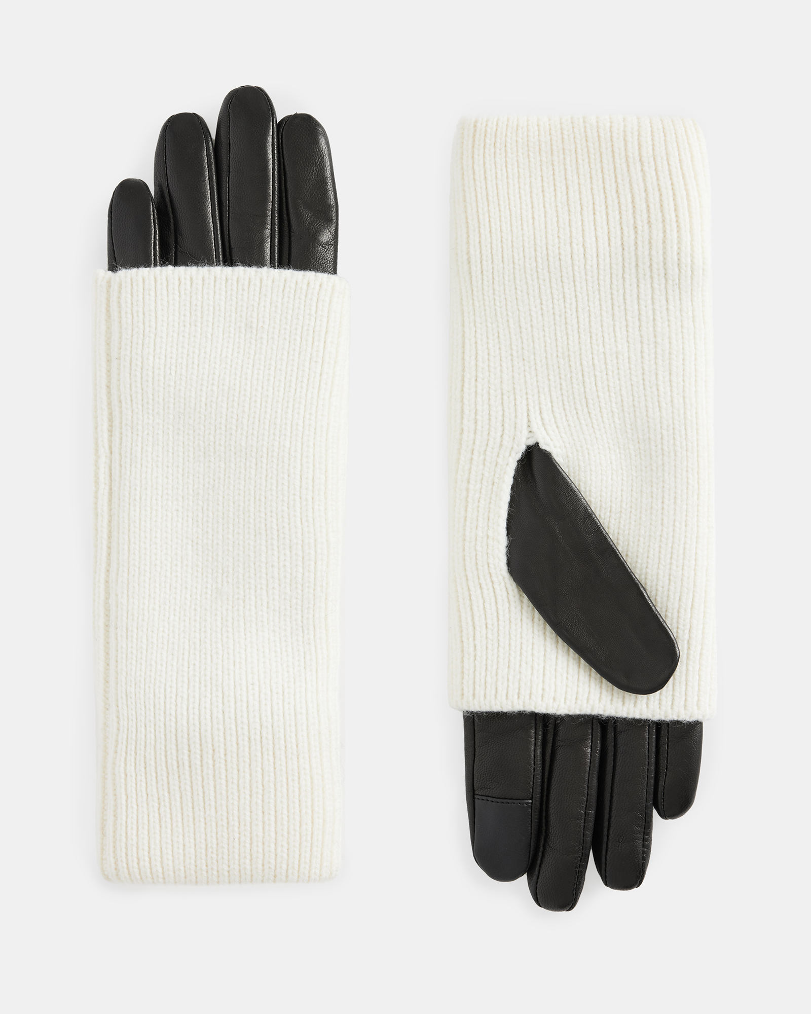 White Leather ALLSAINTS Zoya Cuff Gloves Extendable Knit | US Chalk