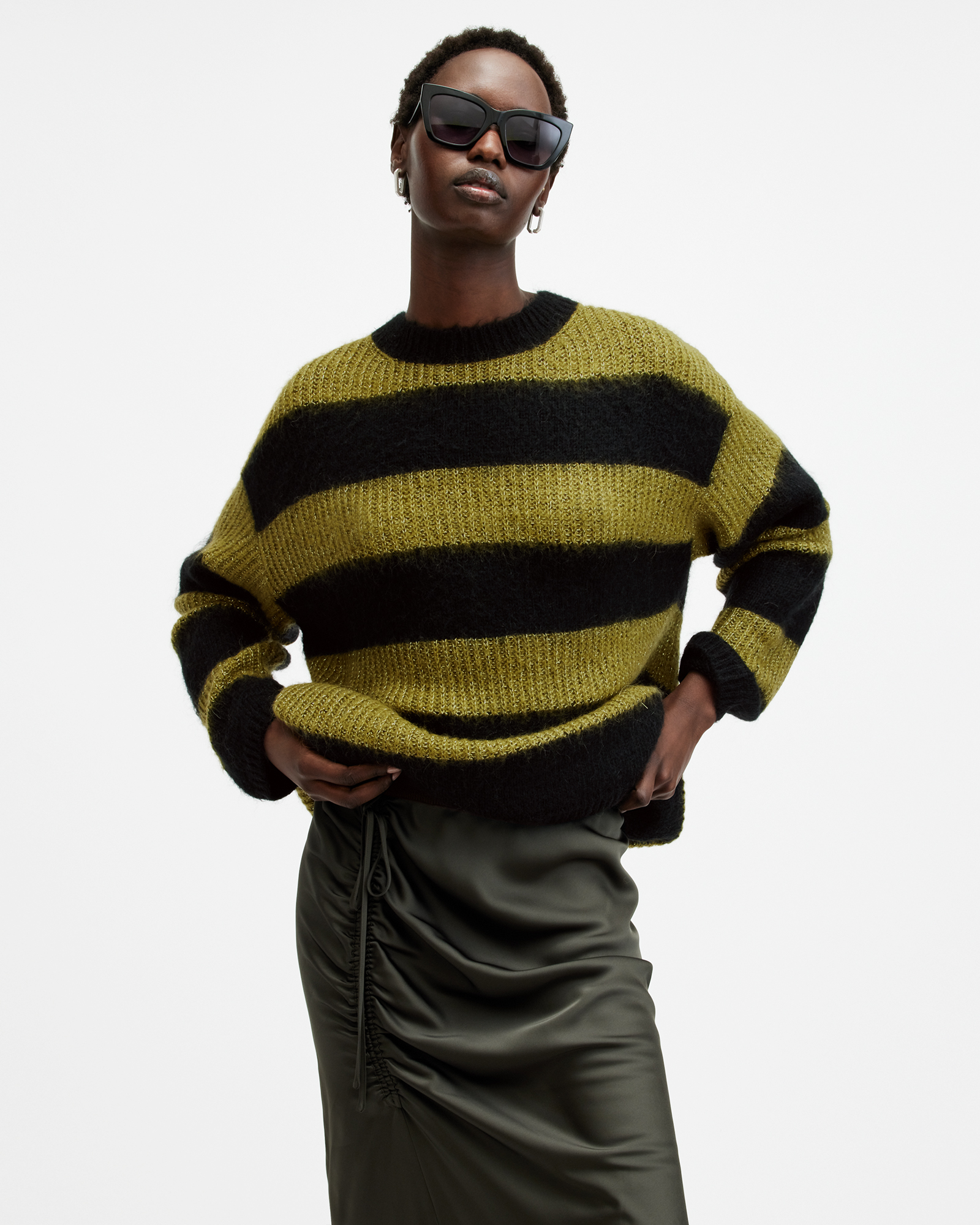 Shop Allsaints Onyx Striped Relaxed Fit Jumper In Black/green