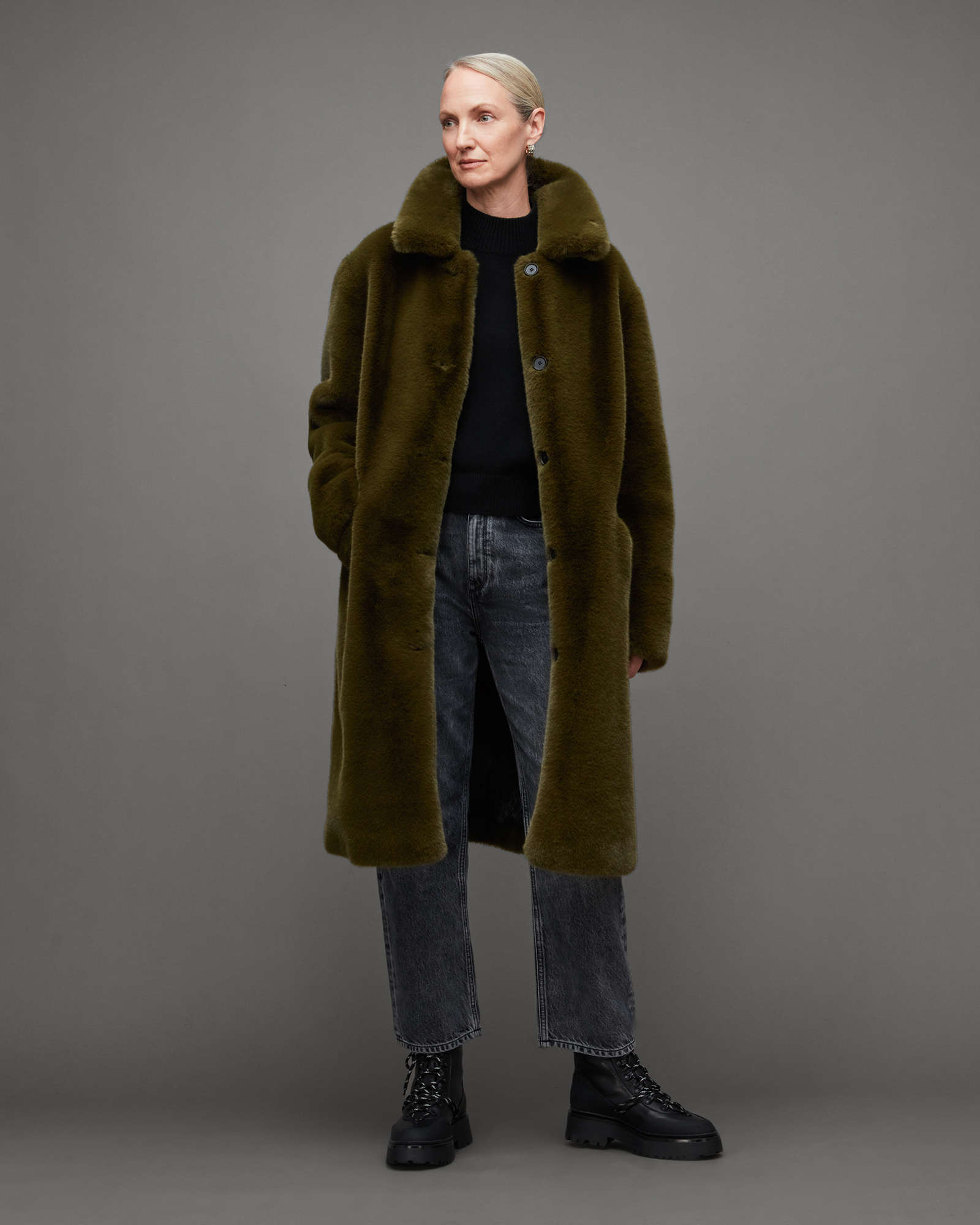Sora Recycled Faux Fur Relaxed Fit Coat KHAKI GREEN
