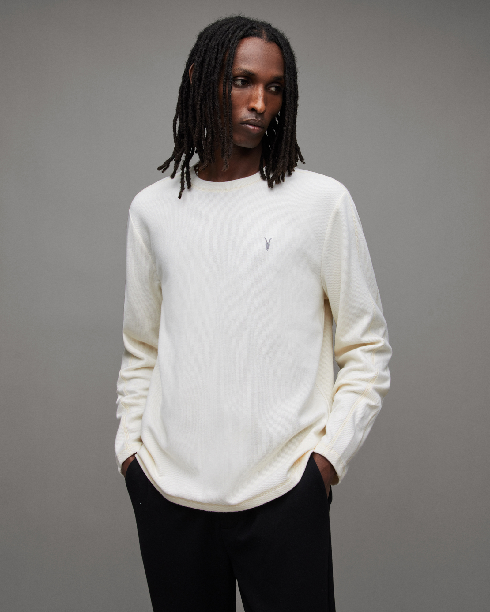 Allsaints Rowe Long Sleeve Waffle Ramskull T-shirt In Chalk White